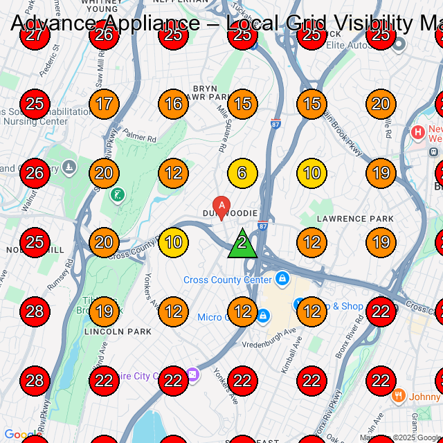 Advance Appliance GeoGrid visibility map for Appliance Repair Service in Eastchester